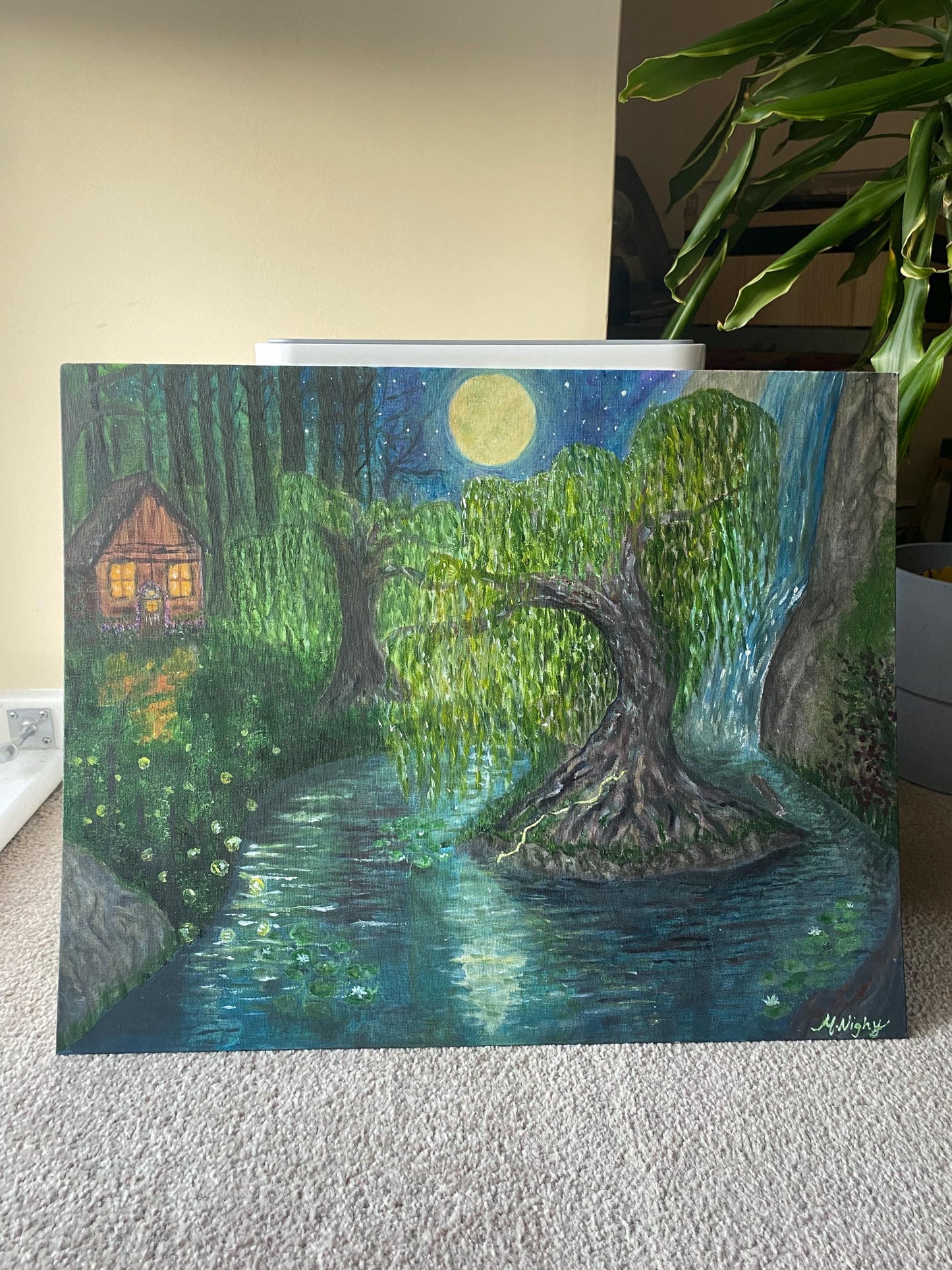 Willow - Original Acrylic night time whimsical forest, willow tree painting. Inspired by Taylor swifts song Willow. By Molly Nighy