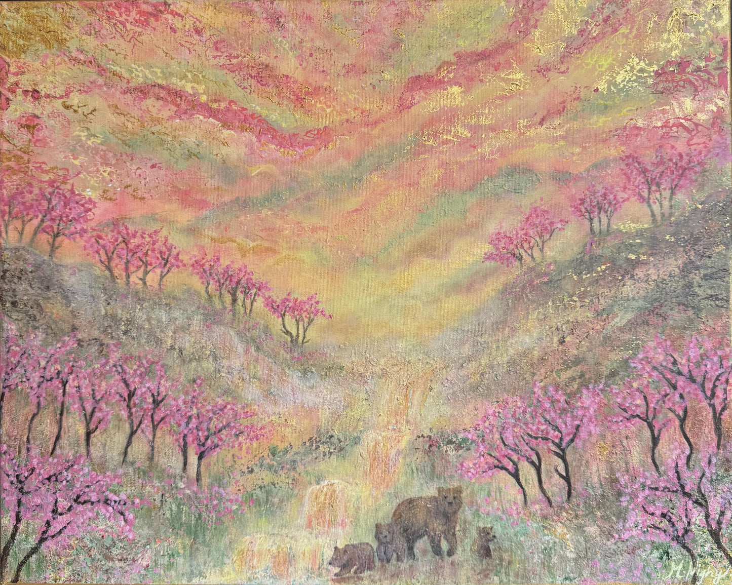Bears in bloom - A3 PRINT Original Acrylic painting by Molly Nighy