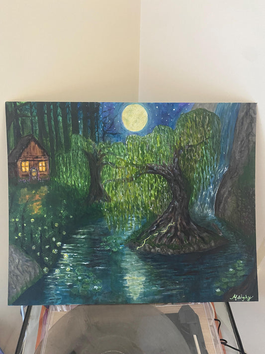 Willow - Original Acrylic night time whimsical forest, willow tree painting. Inspired by Taylor swifts song Willow. By Molly Nighy