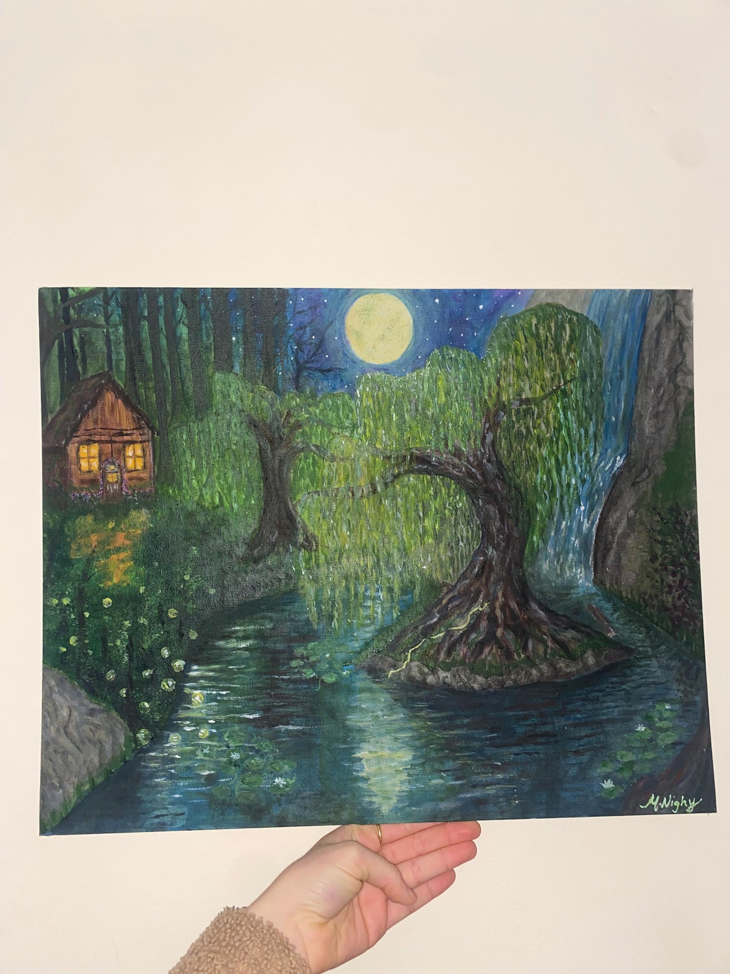 Willow - Original Acrylic night time whimsical forest, willow tree painting. Inspired by Taylor swifts song Willow. By Molly Nighy