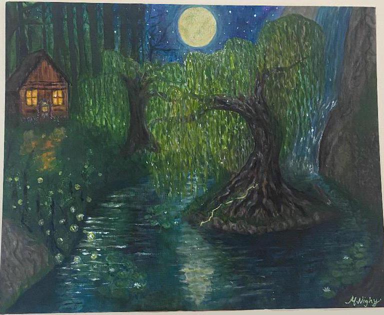 Willow - Original Acrylic night time whimsical forest, willow tree painting. Inspired by Taylor swifts song Willow. By Molly Nighy